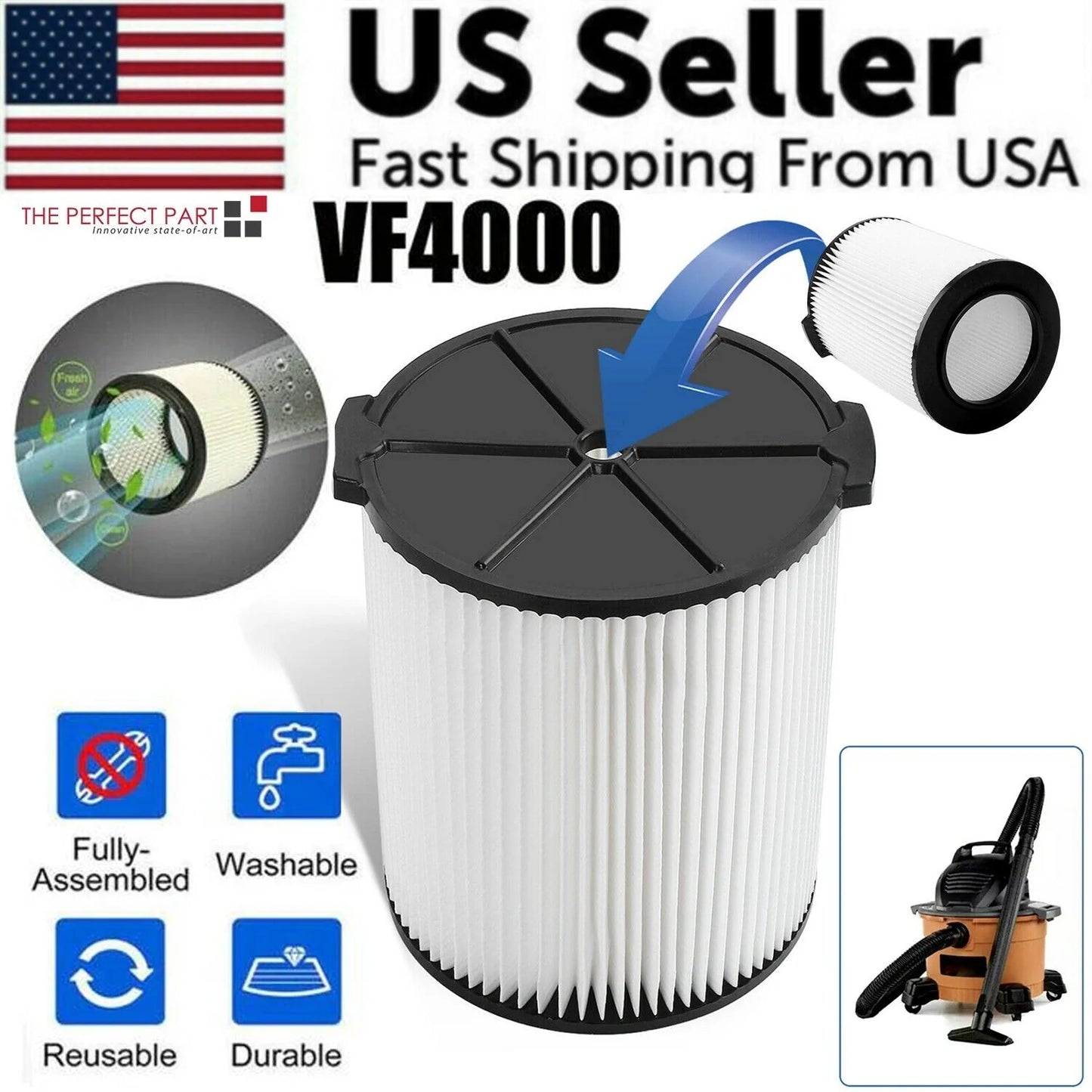 RIDGID VF4000 Wet/Dry Shop Vac Replacement Filter - Washable & Reusable (fits HUSKY & CRAFSTMAN Vacs) - Wet/Dry Shop Vac Filter Readi Gear