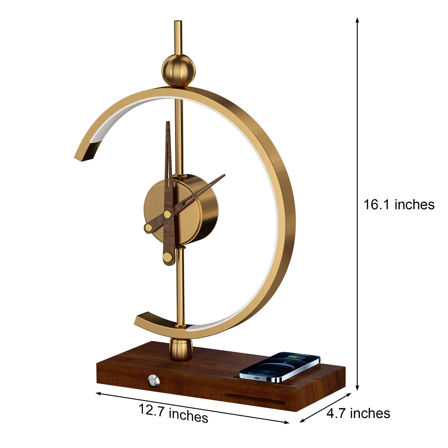 GoldenArc Desk Clock & Lamp – Modern Brass with Wireless Charger & USB - Readi Gear