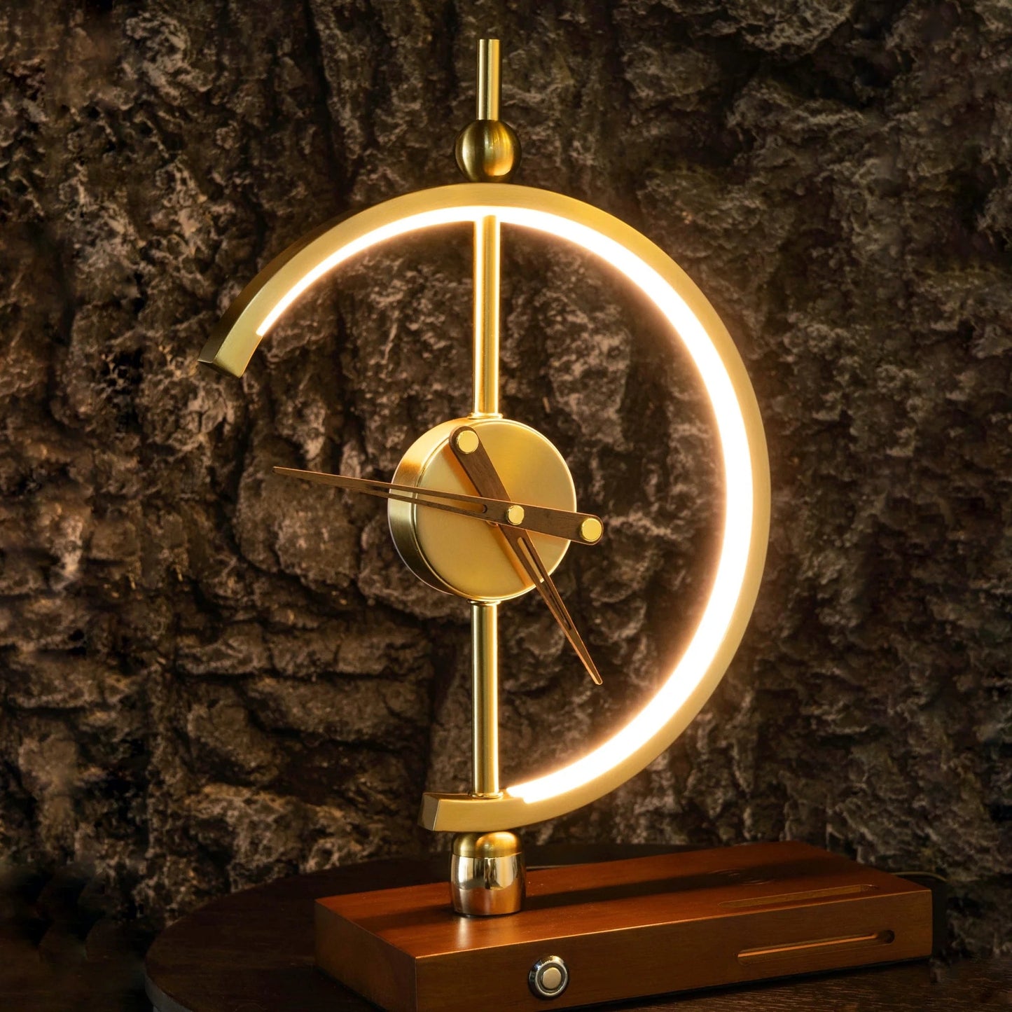 GoldenArc Desk Clock & Lamp – Modern Brass with Wireless Charger & USB - Readi Gear