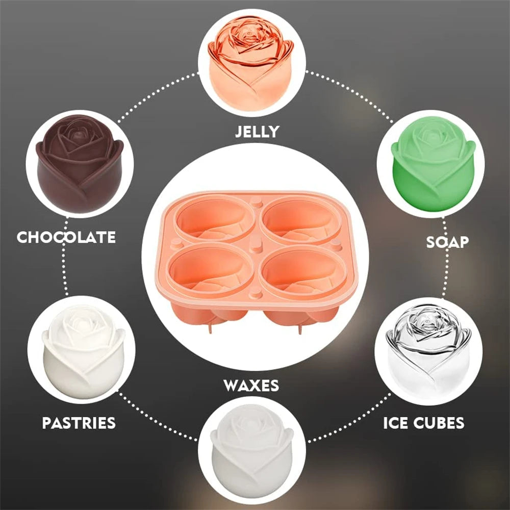 ChillRose 3D Ice Molds - 4 Large Flower Shaped Ice Cubes - Rose 3D Ice Cube Mold Readi Gear