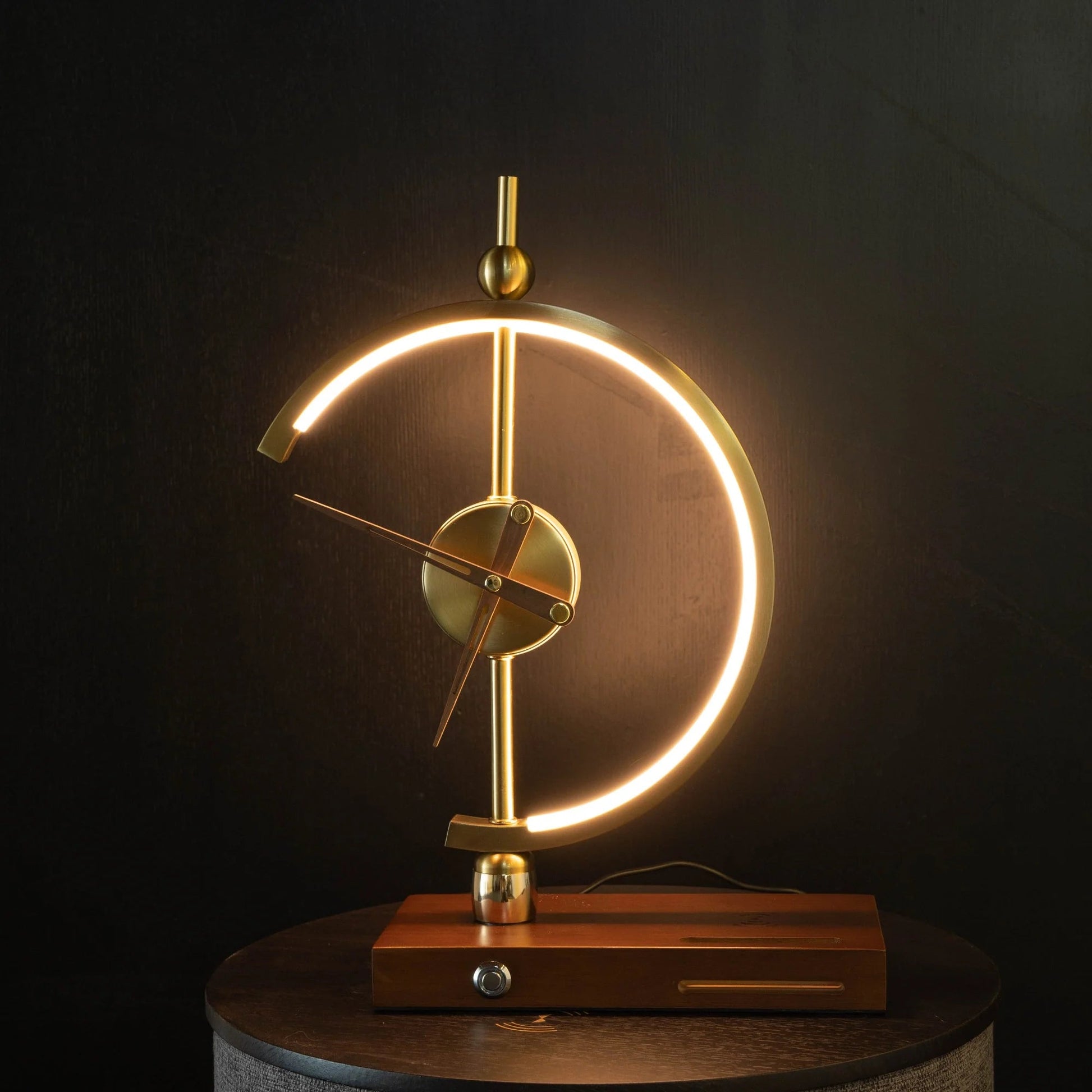 GoldenArc Desk Clock & Lamp – Modern Brass with Wireless Charger & USB - Readi Gear