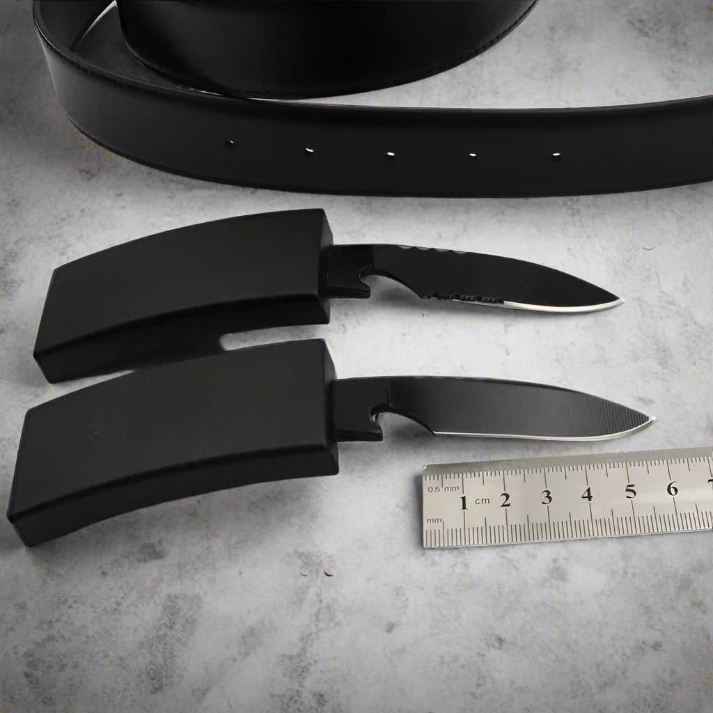 Close-up of concealed knife (half and full blades) in StealthBelt buckle, perfect for discreet self-defense