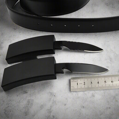Close-up of concealed knife (half and full blades) in StealthBelt buckle, perfect for discreet self-defense