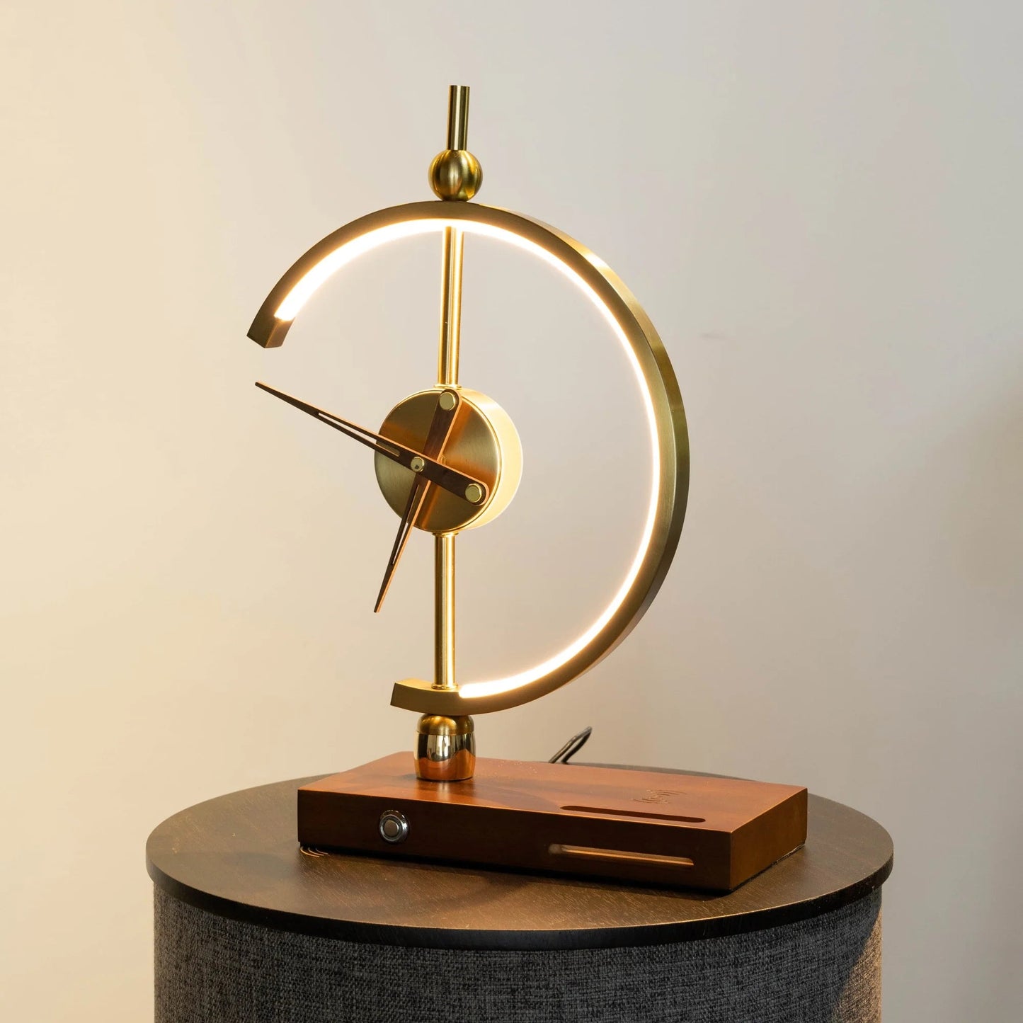GoldenArc Desk Clock & Lamp – Modern Brass with Wireless Charger & USB - Readi Gear