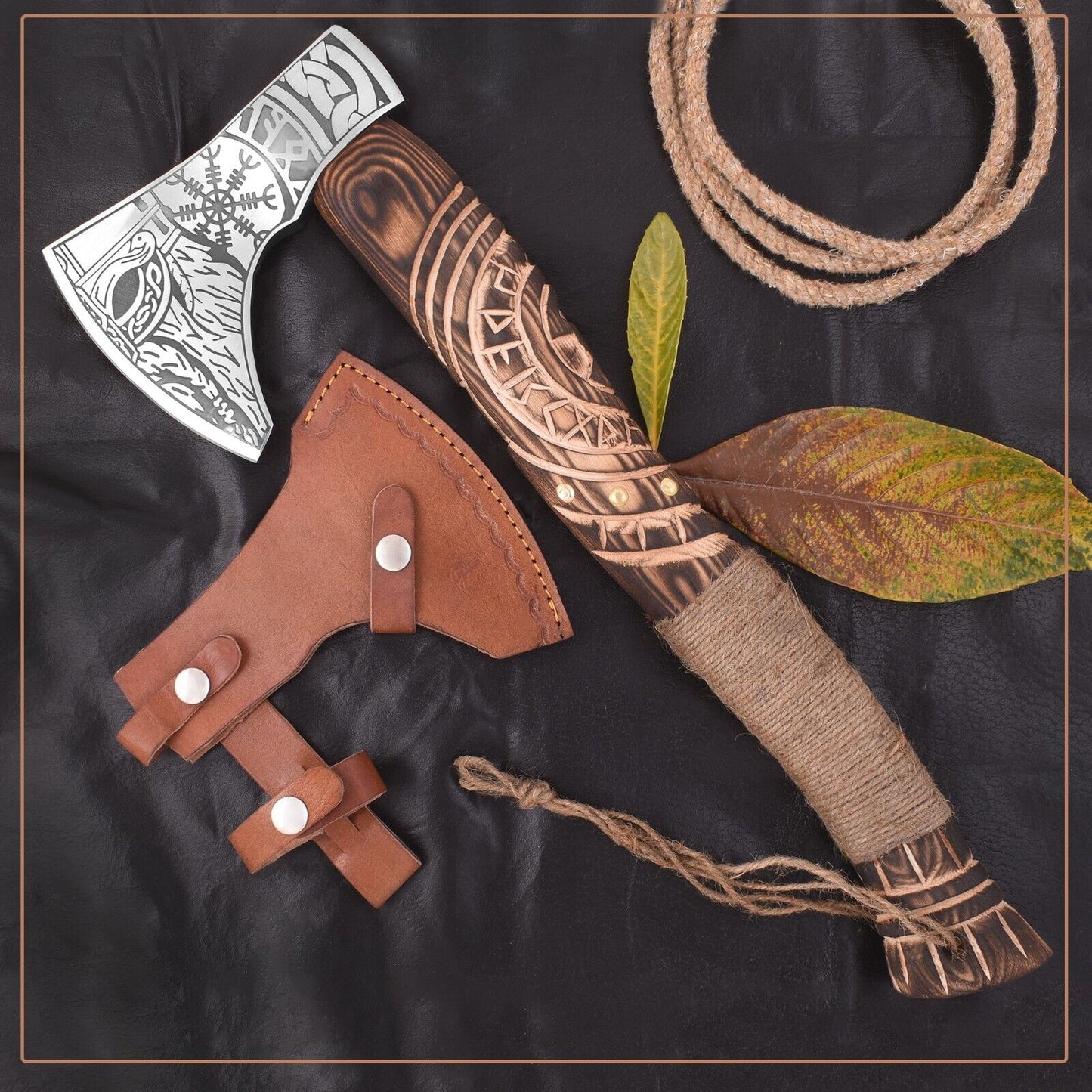 Handmade Carbon Steel Viking Axe – Carved Ashwood Handle & Leather Sheath - Viking Axe Readi Gear