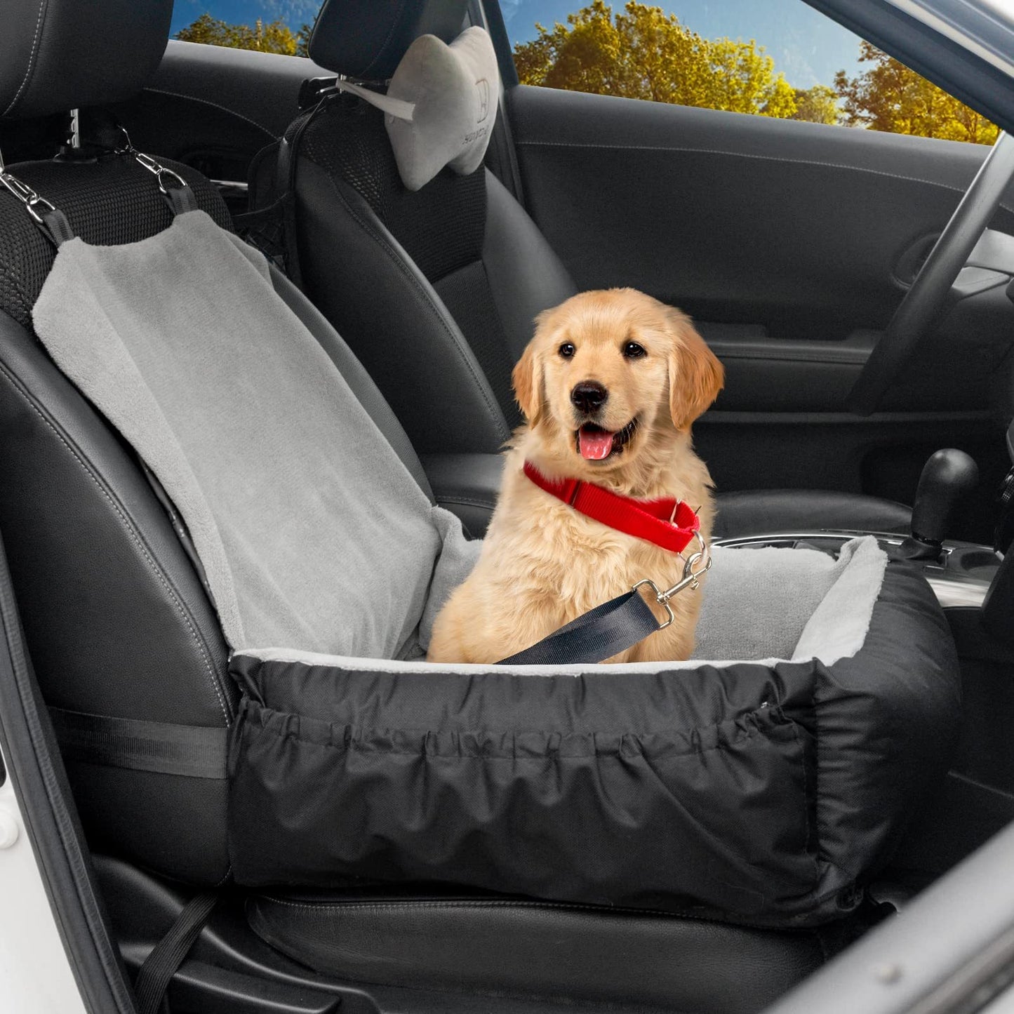 PawPal washable dog car seat with leash installed in SUV front seat