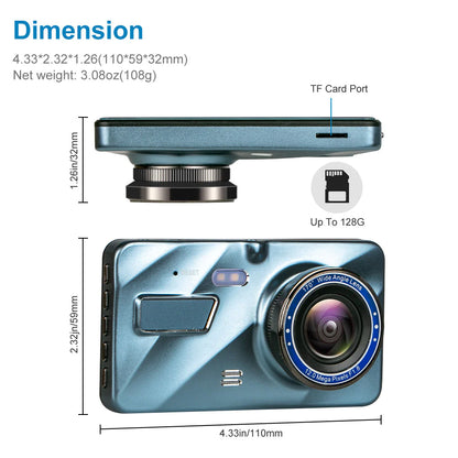 4” HD Touch Screen Dual Lens Dash Cam Recorder – Front & Rear Night Vision - Dash camera Readi Gear