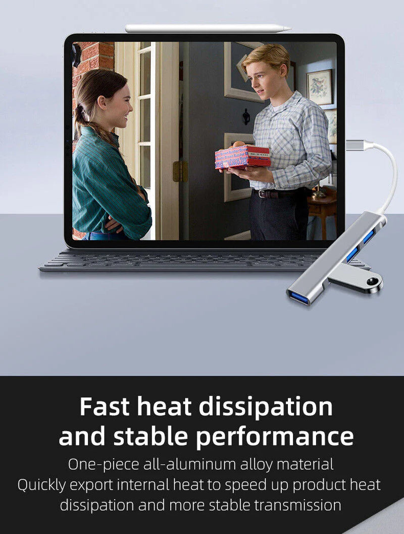 Fast 4 Port USB-C to USB 3.0 Hub Splitter for Mac, PC & Mobile Devices - USB Hub Splitter Readi Gear