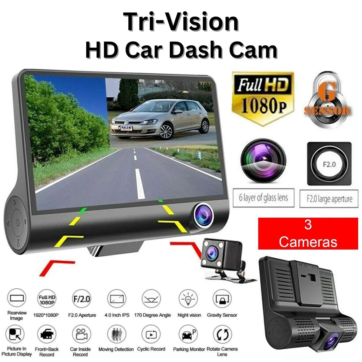 Tri-Vision HD Car Dash Cam - Dash camera Readi Gear