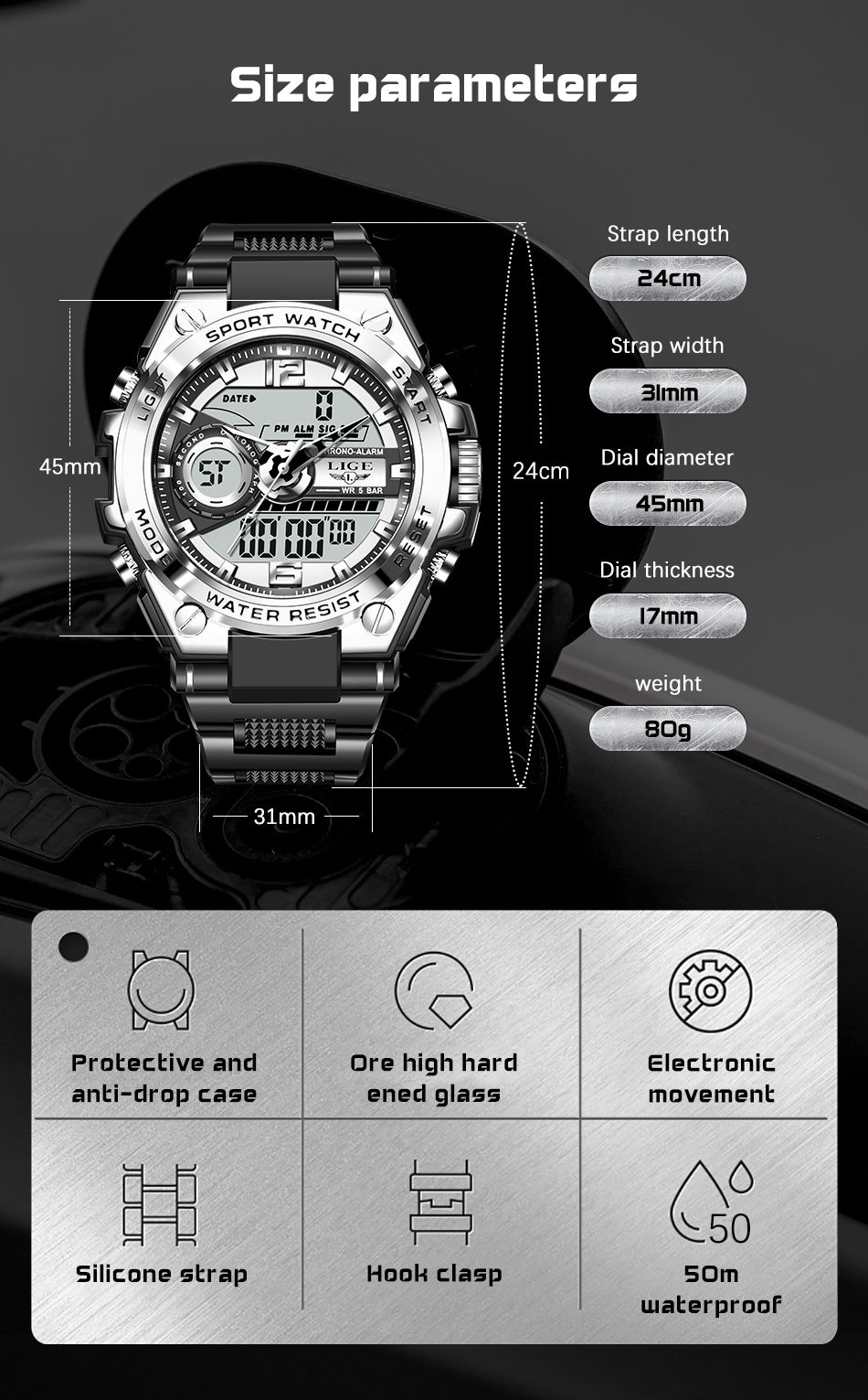 Lige SteelForce 50M Waterproof Military Sport Watch with LED - waterproof military watch Readi Gear