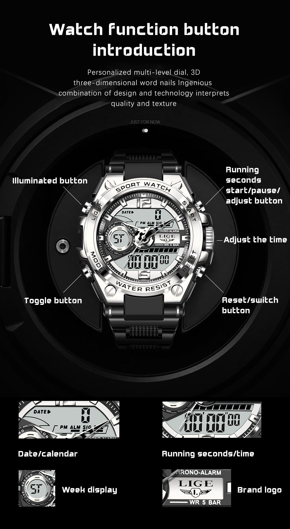 Lige SteelForce 50M Waterproof Military Sport Watch with LED - waterproof military watch Readi Gear