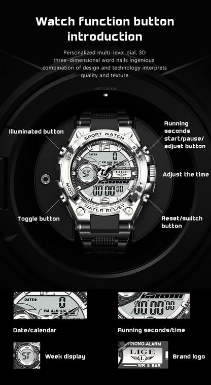 Lige SteelForce 50M Waterproof Military Sport Watch with LED - waterproof military watch Readi Gear