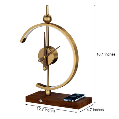 GoldenArc Desk Clock & Lamp – Modern Brass with Wireless Charger & USB - Readi Gear