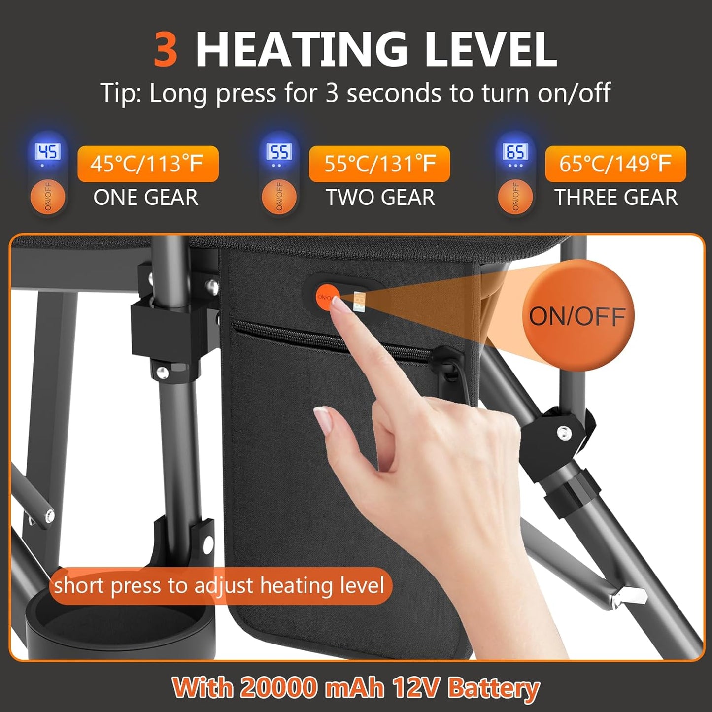 MaxHeat 3-Zone Heated Camping Chair - 20000mAh Battery, 600lb Support - Heated camping chair Readi Gear