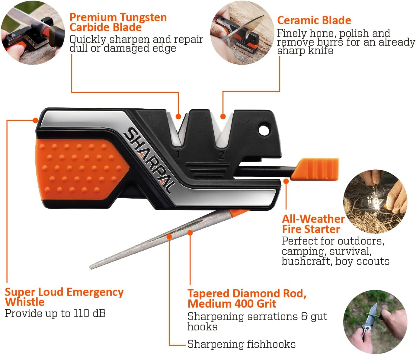 6-in-1 Pocket Knife Sharpener & Survival Tool with Fire Starter - Knife sharpener and fire starter Readi Gear