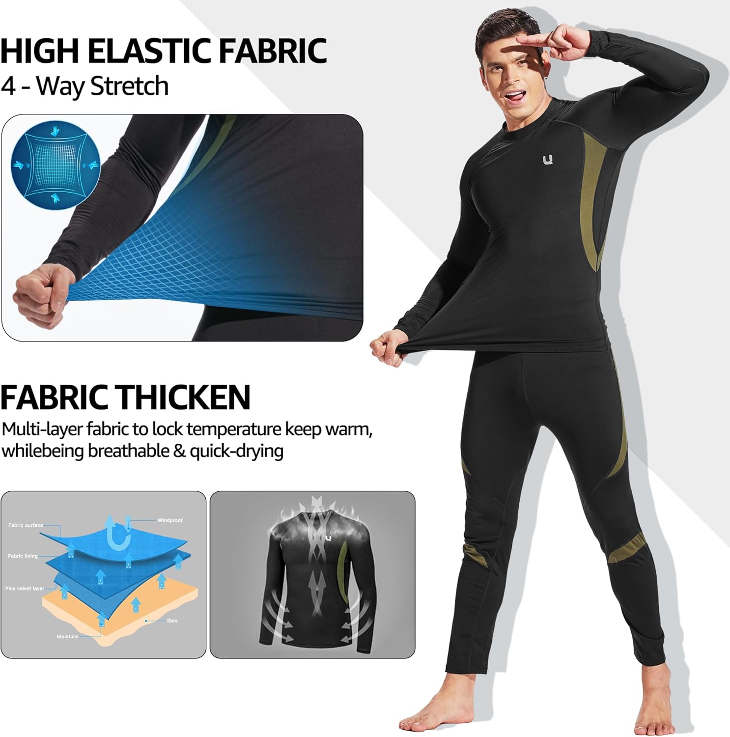 ThermoSkin Fleece-Lined Base Layer Set - Ultra Soft, Stretchy, Breathable - Thermal Underwear Set Readi Gear