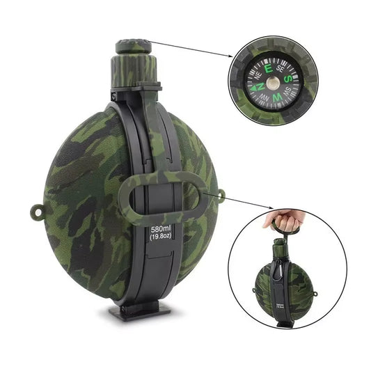580ML Military Camouflage Water Bottle with Compass - Collapsible & Leakproof - Collapsible Canteen Readi Gear