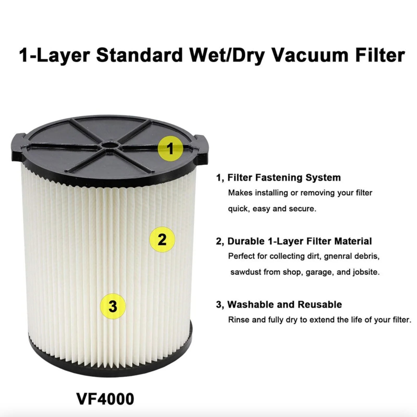 RIDGID VF4000 Wet/Dry Shop Vac Replacement Filter - Washable & Reusable (fits HUSKY & CRAFSTMAN Vacs) - Wet/Dry Shop Vac Filter Readi Gear