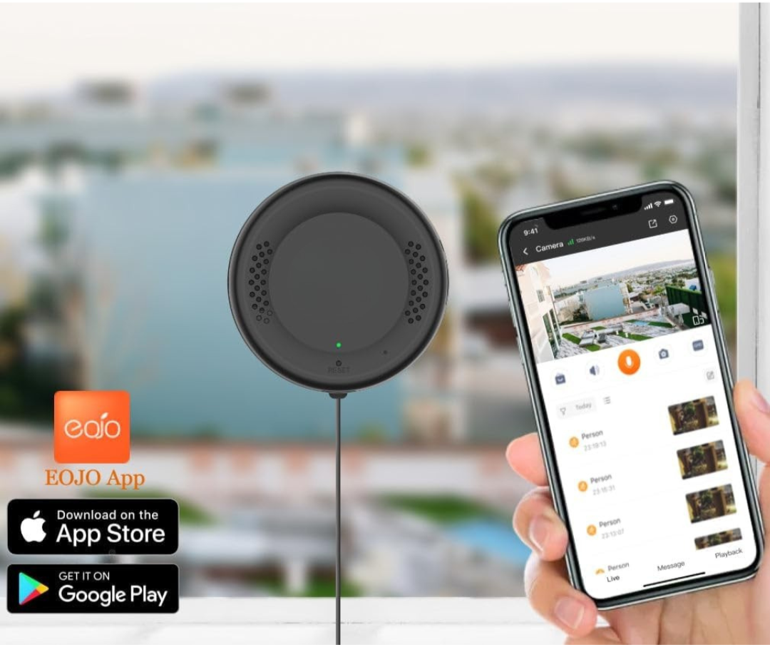 Smart home device with a smartphone app interface, blurred outdoor background