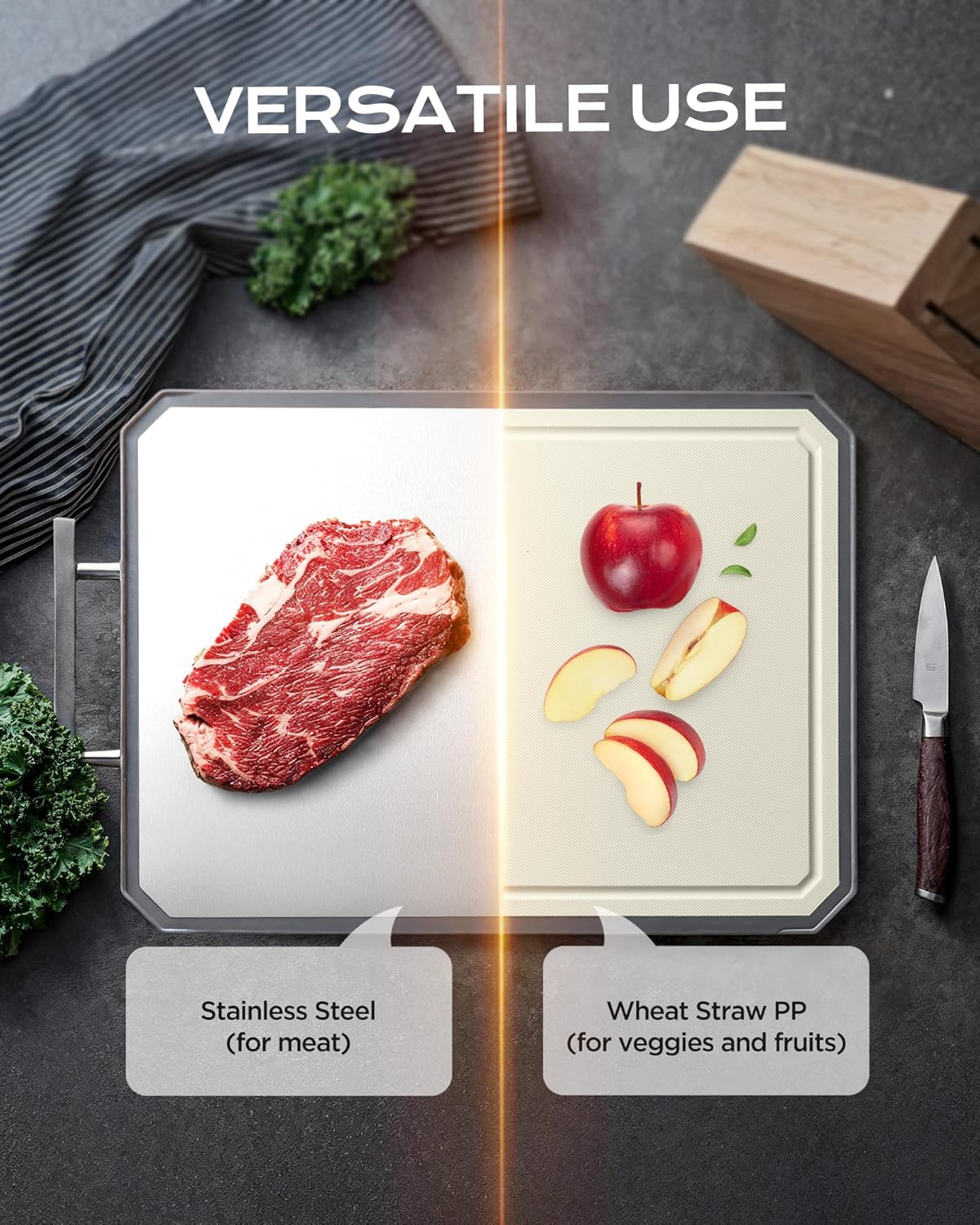 BPA-Free Stainless Steel Cutting Board – Eco-Friendly Wheat Straw Side
