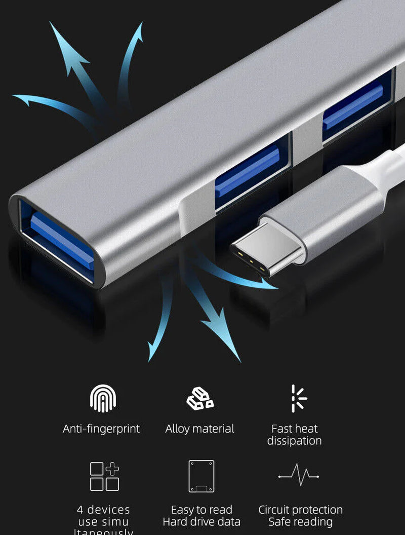 Fast 4 Port USB-C to USB 3.0 Hub Splitter for Mac, PC & Mobile Devices - USB Hub Splitter Readi Gear