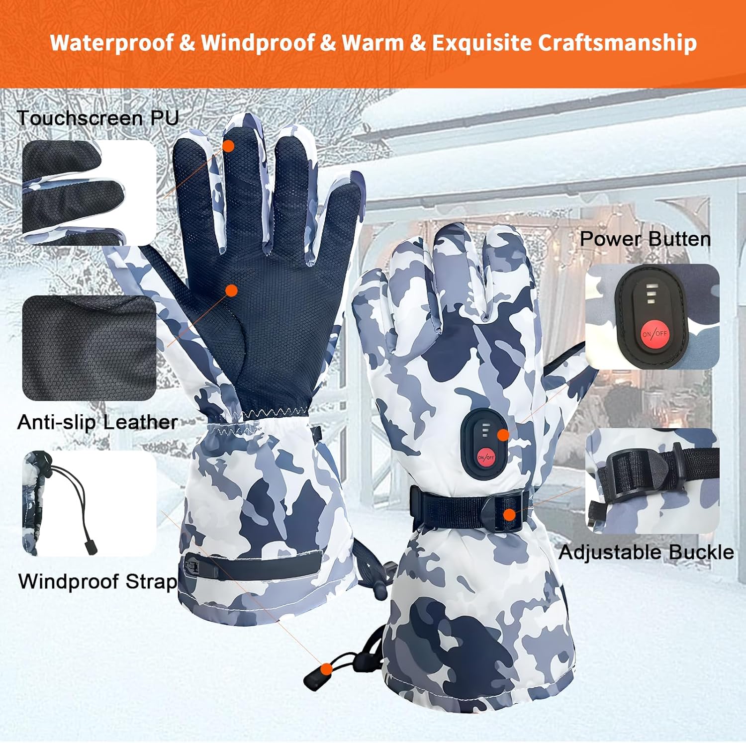 SnowStealth USB Rechargeable Heated Ski/Hunting Gloves - Touchscreen, Waterproof - USB Heated Gloves Readi Gear