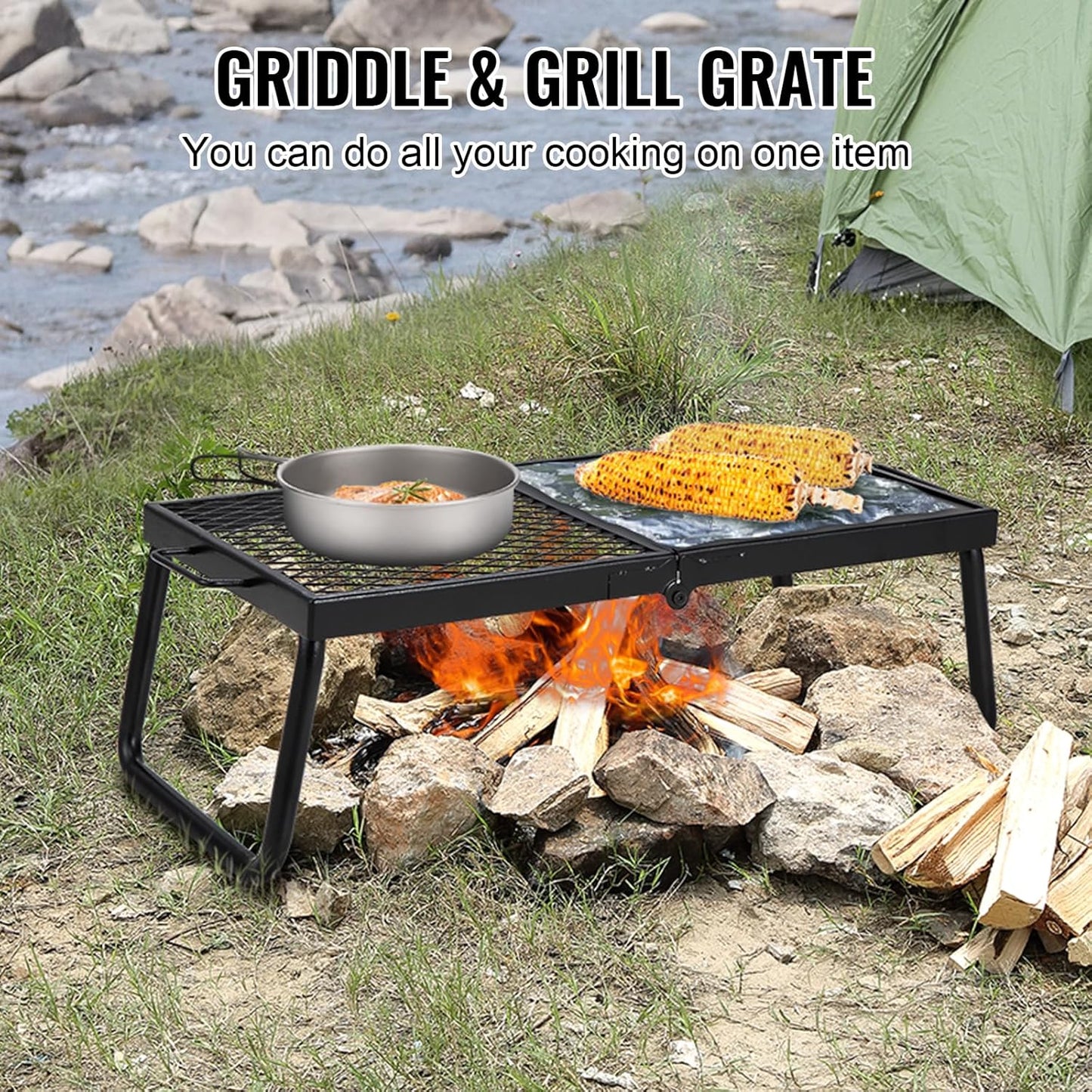 CampMate Foldable Grill & Griddle - Heavy Duty Fire Pit Cooking Rack - Foldable Campfire Grill Readi Gear
