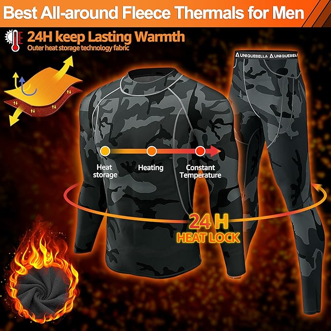 ThermoSkin Fleece-Lined Base Layer Set - Ultra Soft, Stretchy, Breathable - Thermal Underwear Set Readi Gear