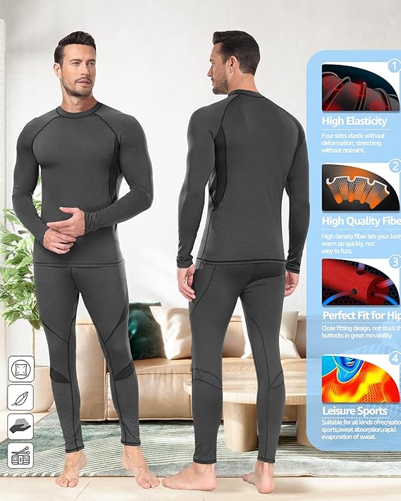 ThermoSkin Fleece-Lined Base Layer Set - Ultra Soft, Stretchy, Breathable - Thermal Underwear Set Readi Gear