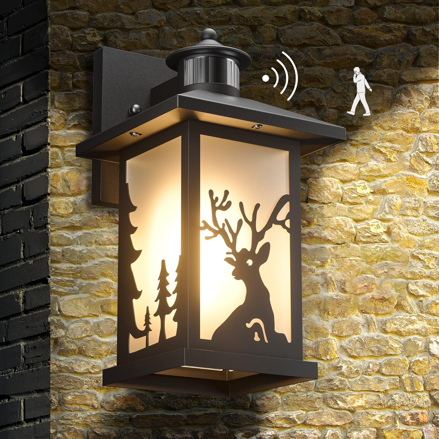 WildLodge Outdoor Porch Light - Deer Design, Motion Sensor, Dusk to Dawn - Rustic deer design porch lights Readi Gear