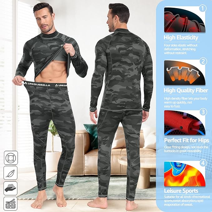 ThermoSkin Fleece-Lined Base Layer Set - Ultra Soft, Stretchy, Breathable - Thermal Underwear Set Readi Gear