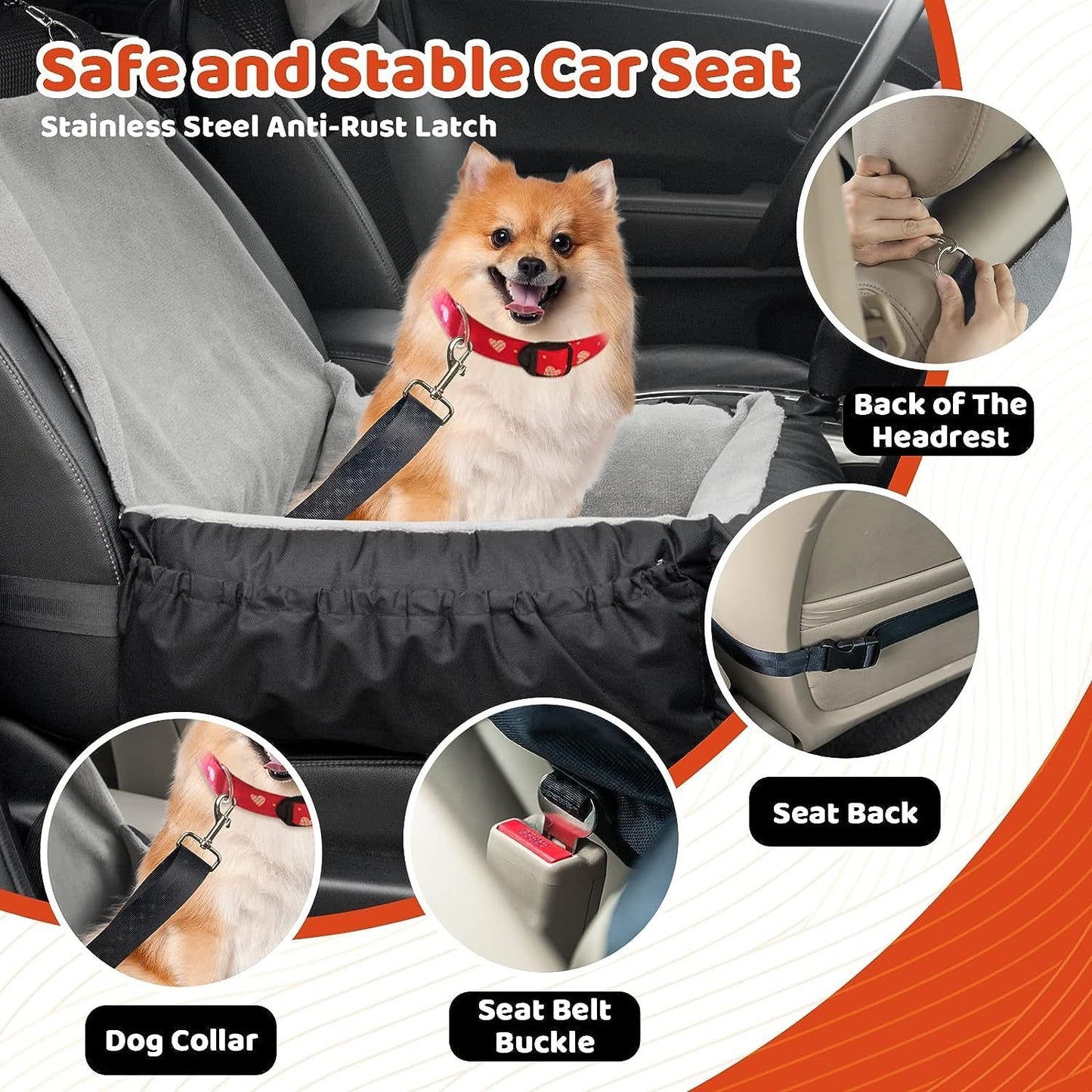 PawPal washable dog car seat - safe and stable car seat, stainless steel anti-rust latch (dog collar, seat belt buckle, seat back strap, back of the headrest