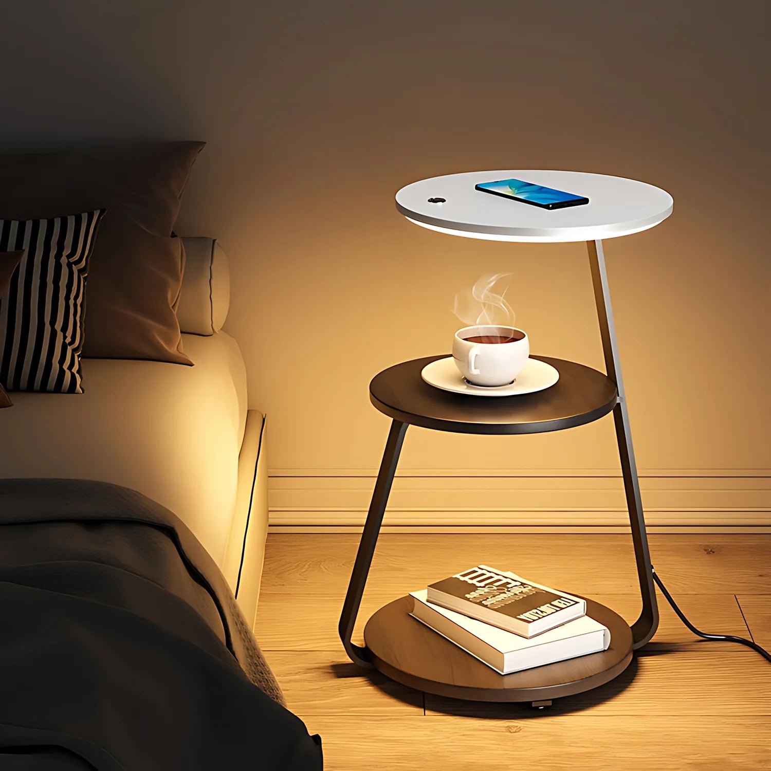 SmartGlow Nightstand: Dimmable LED Nightlight & Wireless Device Charger - Nightstand with light and charger Readi Gear
