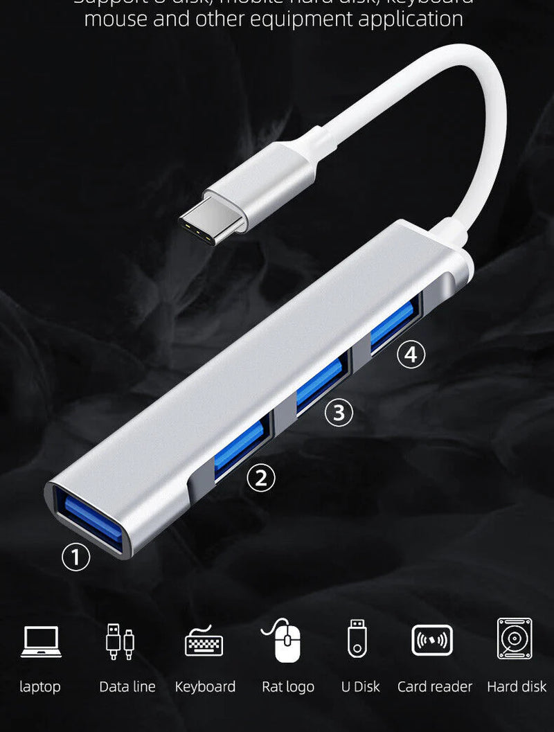 Fast 4 Port USB-C to USB 3.0 Hub Splitter for Mac, PC & Mobile Devices - USB Hub Splitter Readi Gear