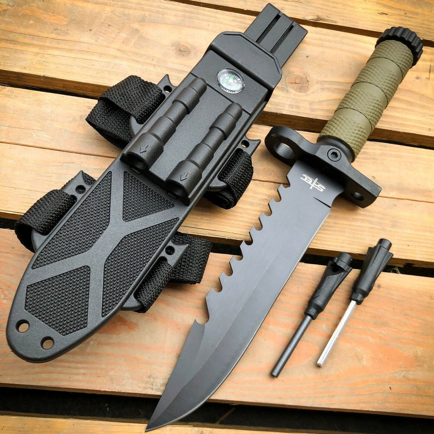 Tactical Survival Knife 12.5" w/ Fire Starter, Compass, & Sharpener - survival knife Readi Gear