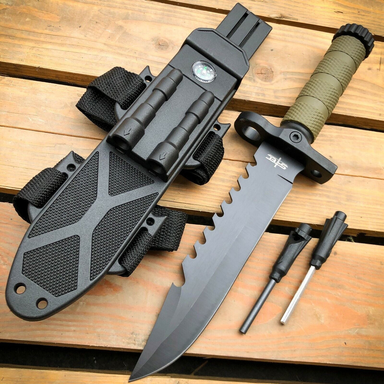 Tactical Survival Knife 12.5" w/ Fire Starter, Compass, & Sharpener - survival knife Readi Gear