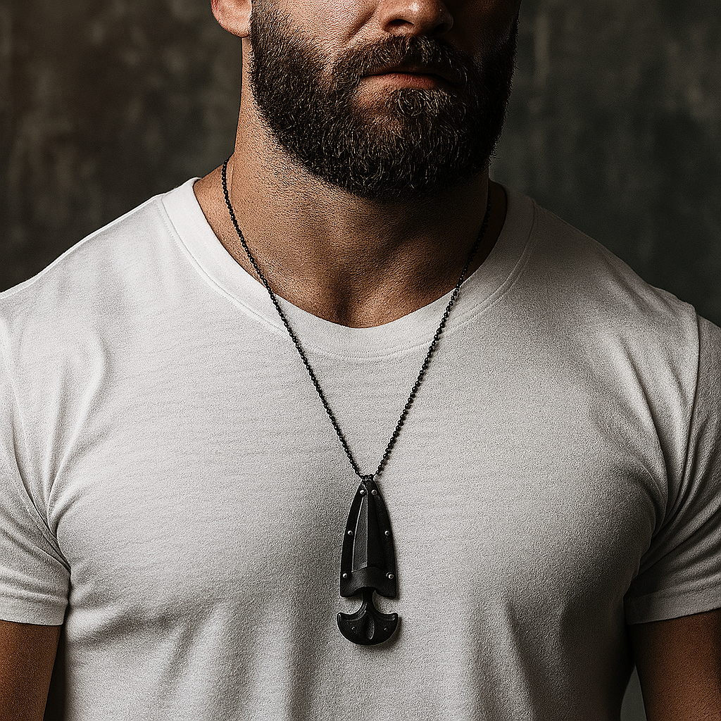 Man wearing a white t-shirt and a necklace with a knife against a dark background