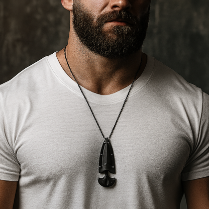 Man wearing a white t-shirt and a necklace with a knife against a dark background
