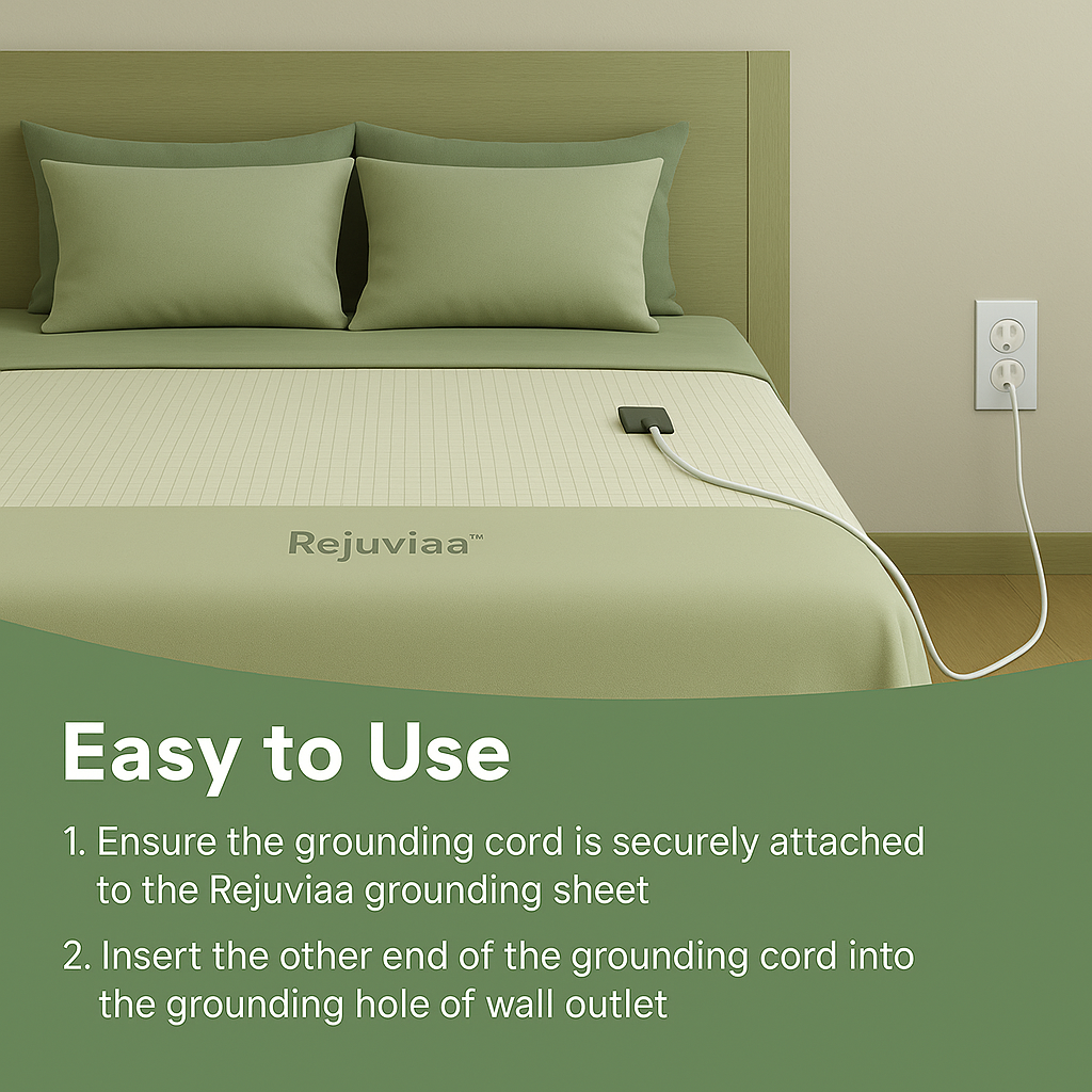 Green bed with Rejuviaa grounding sheet and power cord, featuring text on ease of use.