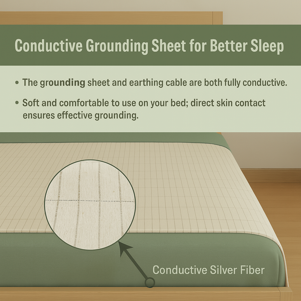 Rejuviaa conductive grounding sheet for better sleep with text and close-up of conductive silver fiber.