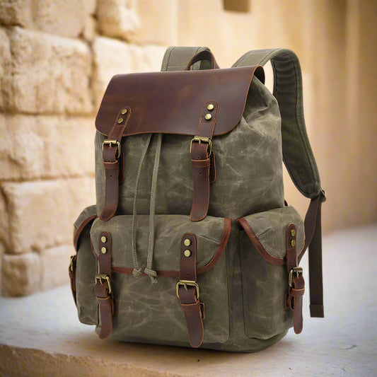 CanyonRidge Waxed Canvas Backpack - Classic Leather Rucksack - Vintage wax canvas backpack Readi Gear