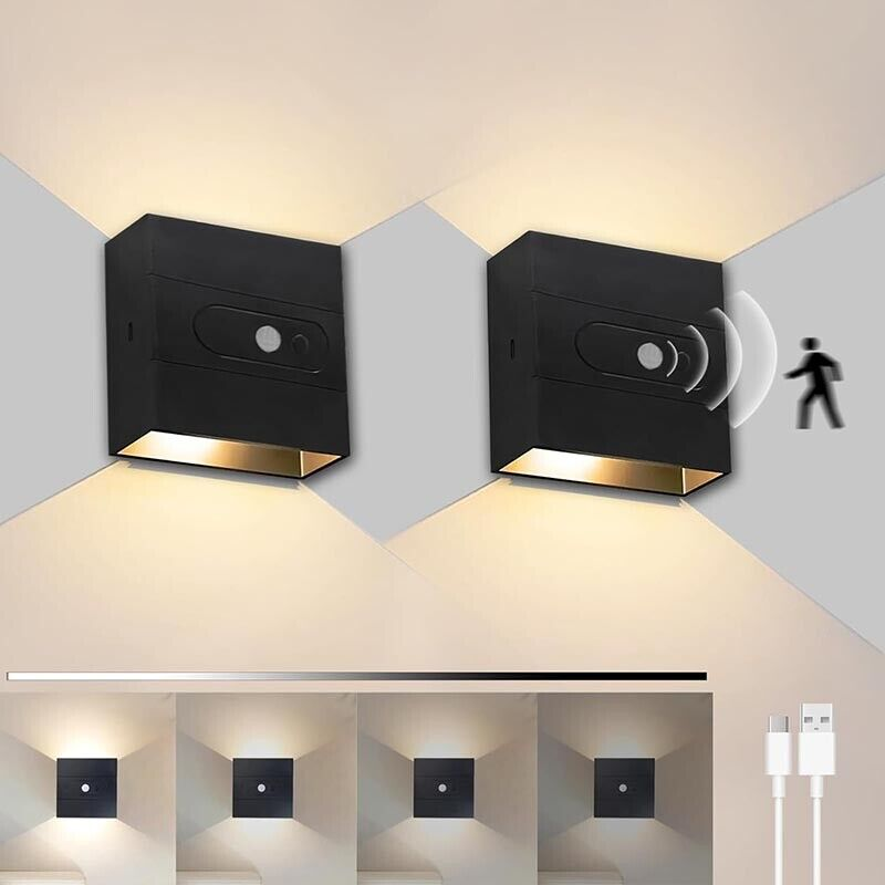 Motion Activated Wall Sconce – Battery Powered, USB Charging, Dimmable - 2 Pack
