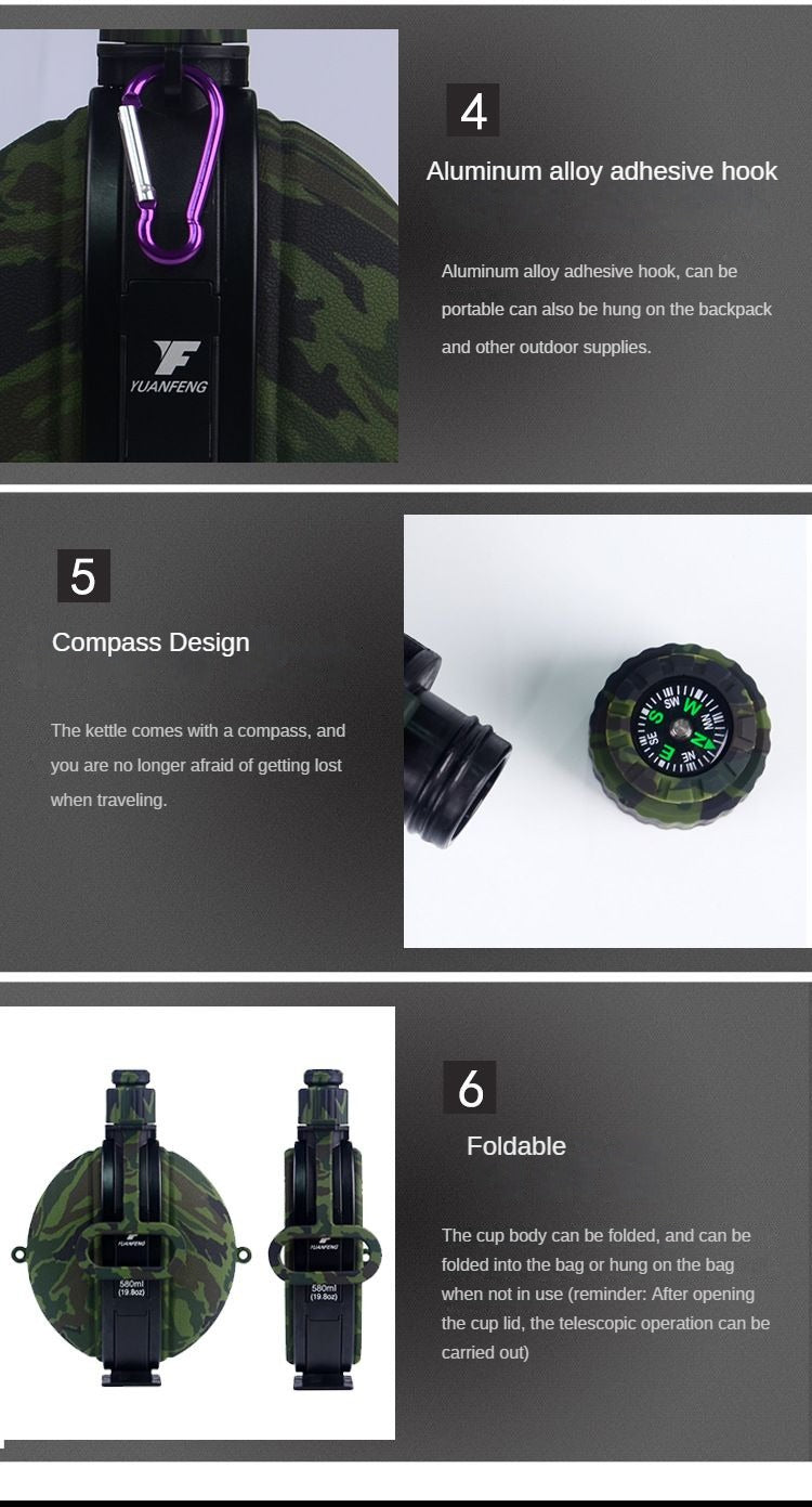 580ML Military Camouflage Water Bottle with Compass - Collapsible & Leakproof - Collapsible Canteen Readi Gear