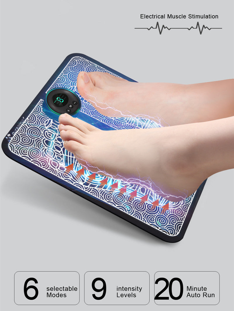 Rejuviaa™ Electrical muscle stimulation device with foot on a gray background