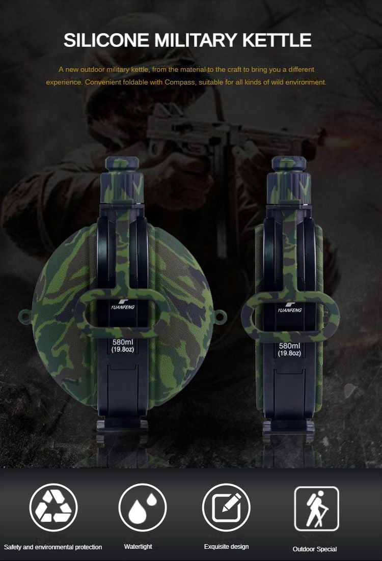 580ML Military Camouflage Water Bottle with Compass - Collapsible & Leakproof - Collapsible Canteen Readi Gear