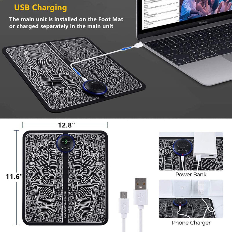 Rejuviaa™ EMS Grounding Foot mat with USB charging capabilities on a desk next to a laptop, with additional images of power bank and phone charger.