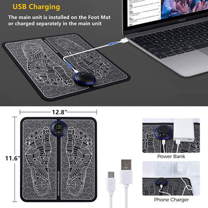 Rejuviaa™ EMS Grounding Foot mat with USB charging capabilities on a desk next to a laptop, with additional images of power bank and phone charger.