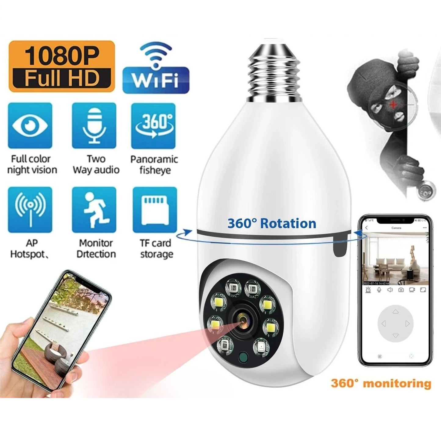 360° Smart Light Bulb Security Camera - 1080P, Wireless, IR Night Vision - 360° Security Camera Readi Gear