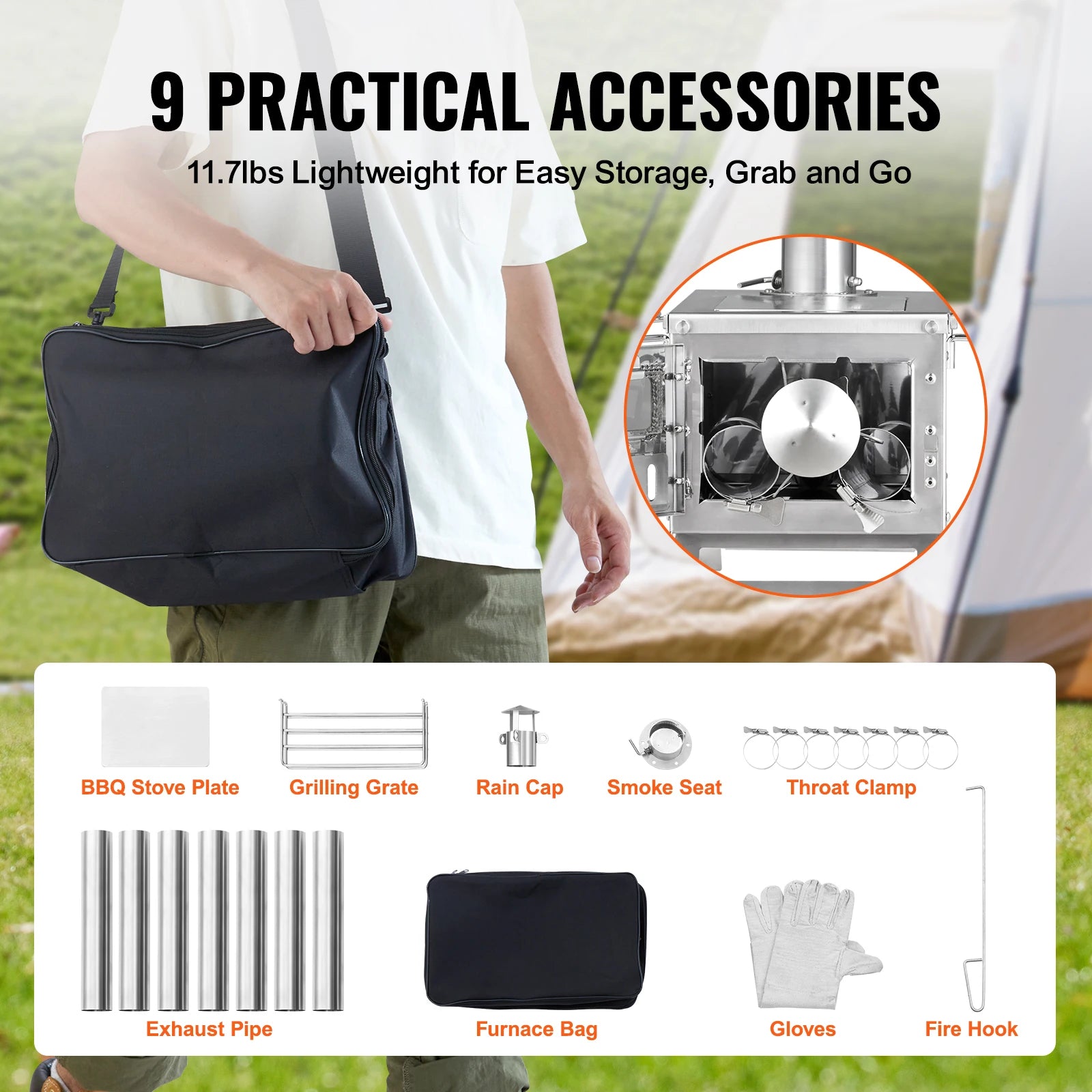 Stainless Steel Camping Wood Stove/Tent Heater with Chimney & Accessories - Stainless Steel Camping Wood Stove/Tent Heater with Chimney & Accessories Readi Gear