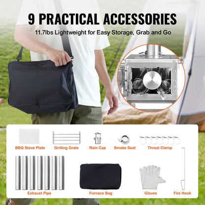 Stainless Steel Camping Wood Stove/Tent Heater with Chimney & Accessories - Stainless Steel Camping Wood Stove/Tent Heater with Chimney & Accessories Readi Gear